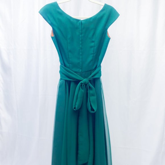 Elegant Crepe Chiffon Dress Forest Green Gown Cap Sleeve Tie Back BILL LEVKOFF - Picture 5 of 15